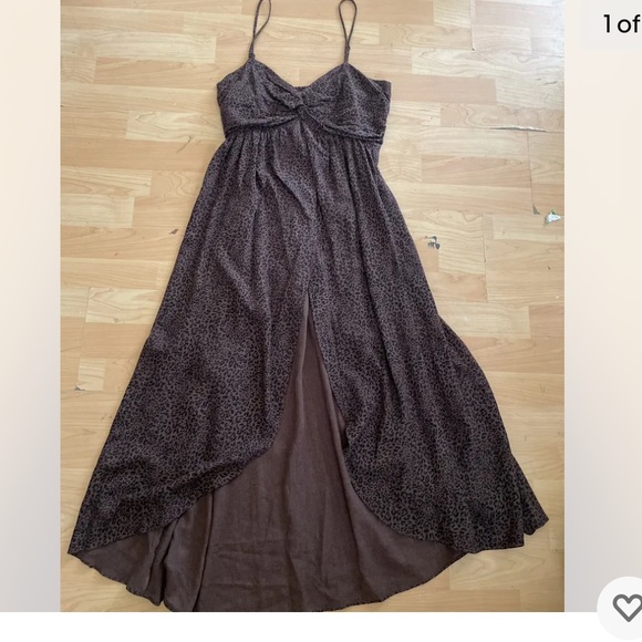 FREE PEOPLE brown black sleeveless top Sz M open front Linen Leopard animal L11 - Picture 1 of 4